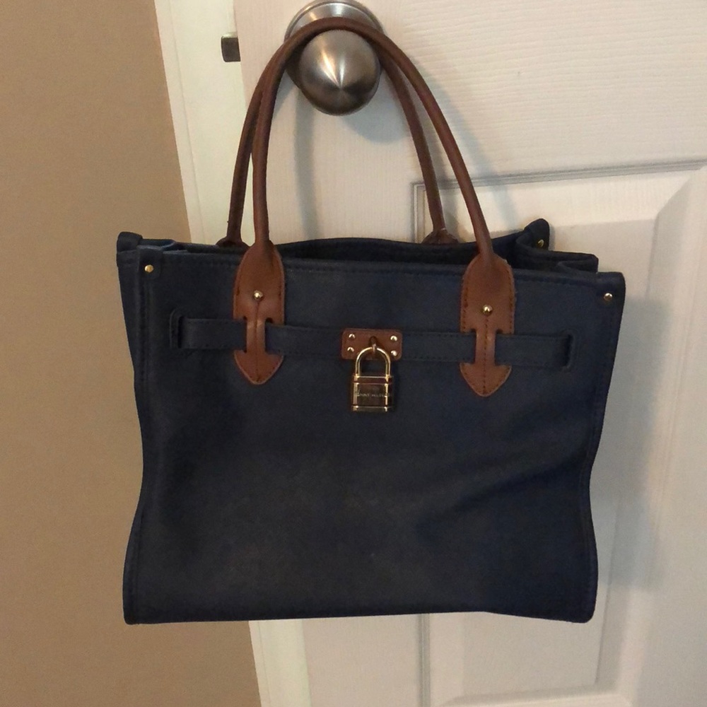 Navy blue and brown handbag